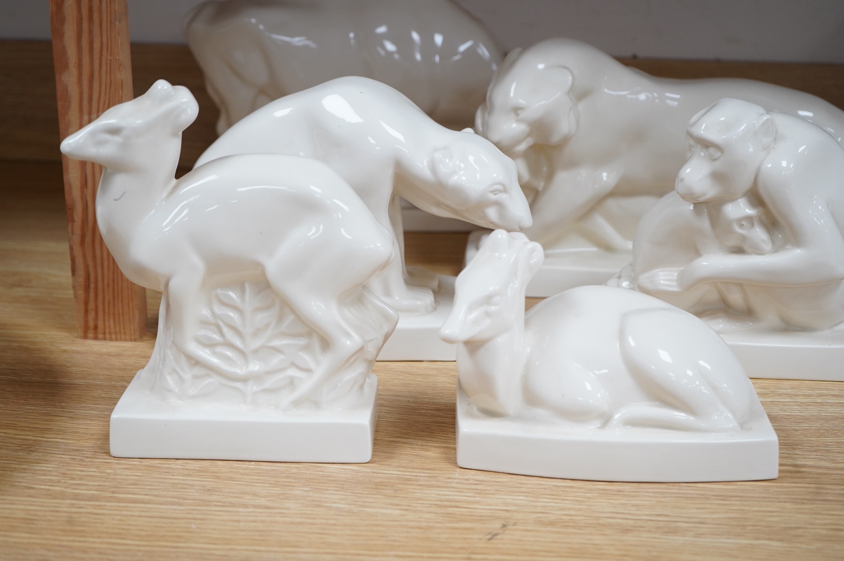 John Skeaping for Wedgwood, six animal figures comprising a Bison, Tiger, Polar Bear, deer, monkey and deer, largest 34cm wide